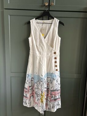 NWT BODEN Arwen City Print Wrap Midi  Dress, Ivory, Linen Mix, Sleeveless, 8R